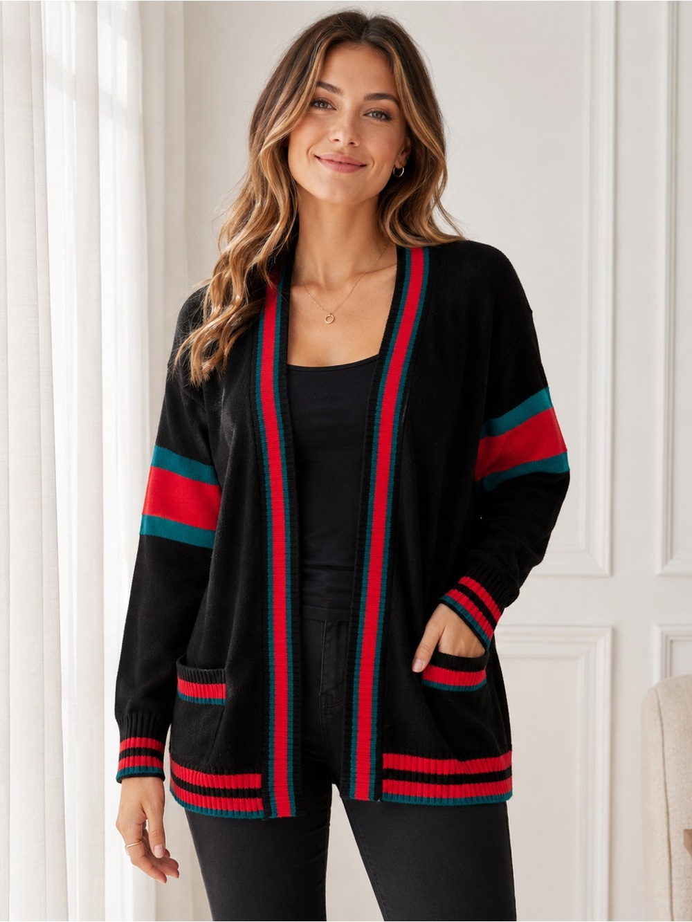 Boohoo Black Cardigan with Red and Teal Stripe Trim